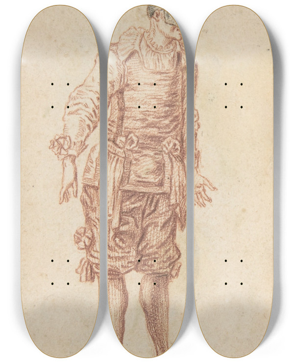 Triptych art skateboard deck of After Claude Gillot Fabio Costumed As A Doctor by After Claude Gillot (1673-1722)