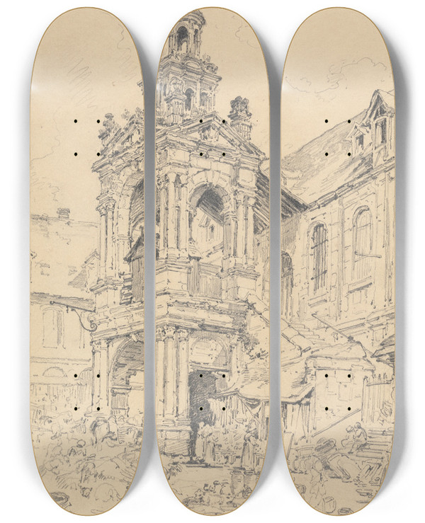 Triptych art skateboard deck of Henry Edridge The Porch Of The Halle Of The Haute Vielle Tour Rouen by Henry Edridge (1769-1821)