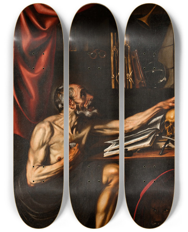 Triptych art skateboard deck of Luis Tristn St Jerome Doing Penance In His Study by Luis Tristan (1585-1624)