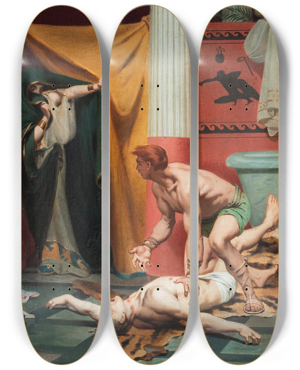 Triptych art skateboard deck of Fernand Pelez Death Of The Emperor Commodus by Fernand Pelez (1843-1913)