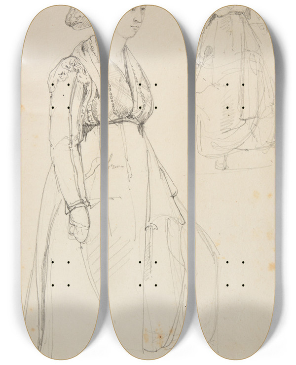 Triptych art skateboard deck of Jacquesraymond Brascassat Tude De Deux Femmes by Jacques Raymond Brascassat (1804-1867)