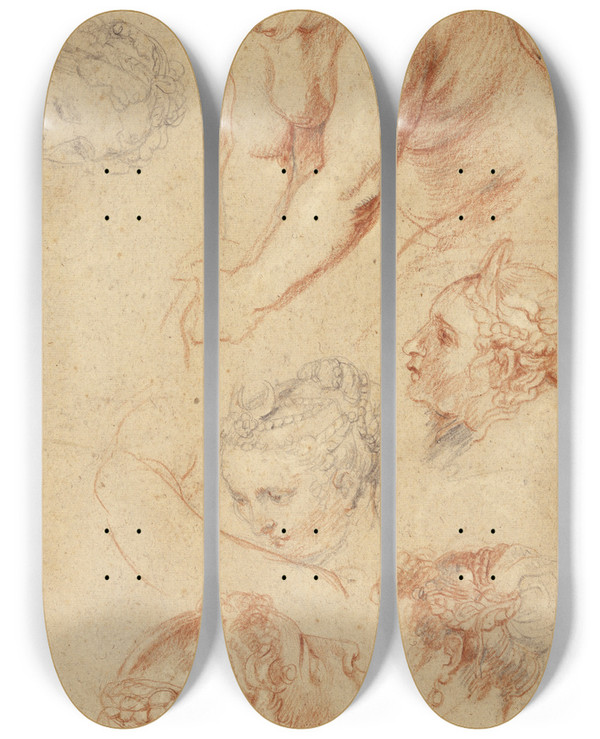 Triptych art skateboard deck of Peter Paul Rubens Studies Of Women by Peter Paul Rubens (1577-1640)