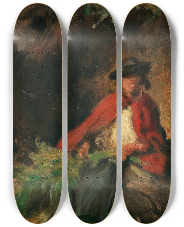 Triptych art skateboard deck of Carl Spitzweg Sitzendes Mdchen Mit Rotem Umhang Einen Hasen Vor Sich by Carl Spitzweg (1808-1880)