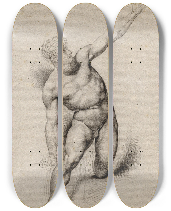 Triptych art skateboard deck of David Humbert De Superville Naakte Knielende Man Met Geheven Arm by David Humbert De Superville (1770-1849)