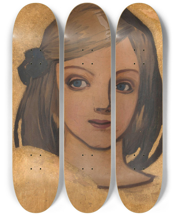 Triptych art skateboard deck of Jzef Mehoffer Head Of A Girl Against Gold Background by Jozef Mehoffer (1869-1946)