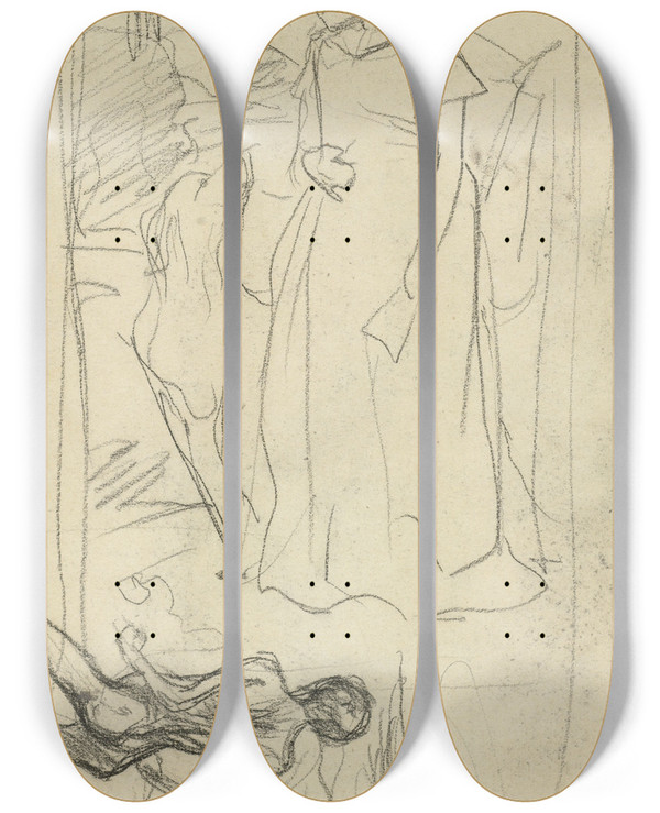 Triptych art skateboard deck of Marius Bauer Schetsen Van Een Meisje Met Hond En Badende Jongens by Marius Bauer (1867-1932)