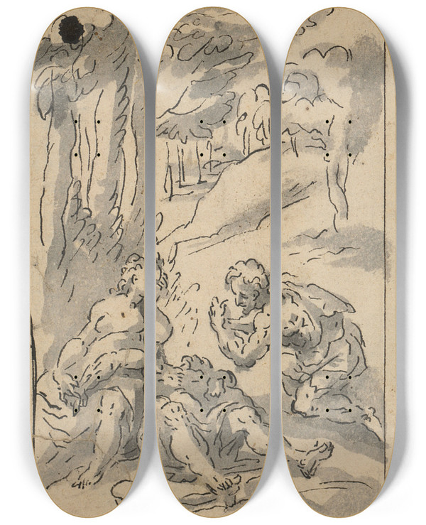 Triptych art skateboard deck of Franz Aspruck Adam Und Eva Beweinen Den Toten Abel by Franz Aspruck (1570-1610)