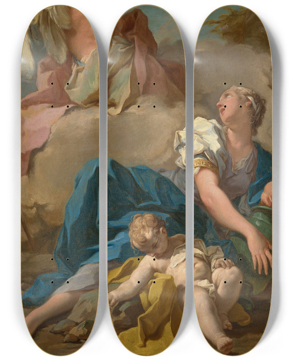 Triptych art skateboard deck of Giovanni Battista Pittoni The Angel Appearing To Hagar And Ishmael by Giovanni Battista Pittoni (1687-1767)