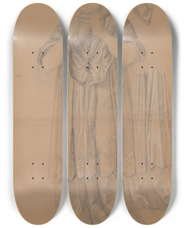Triptych art skateboard deck of Jzef Simmler Study Of The Robe Of Bishop Piotr Wysz For The Painting Queen Jadwigas Oath by Jozef Simmler (1823-1868)