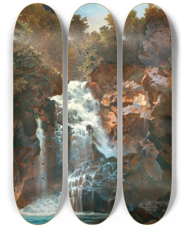 Triptych art skateboard deck of Georg Holub A Roaring Waterfall by Georg Holub (1861-1919)