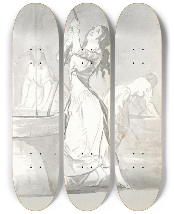 Triptych art skateboard deck of Francisco De Goya Three Women One In The Foreground Drawing Water From A Well Two In The Background Washing by Francisco de Goya (1746-1828)