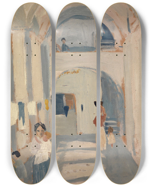 Triptych art skateboard deck of Ernst Schiess Kasbah Zwischen 1916 1918 by Ernst Schiess (1872-1919)