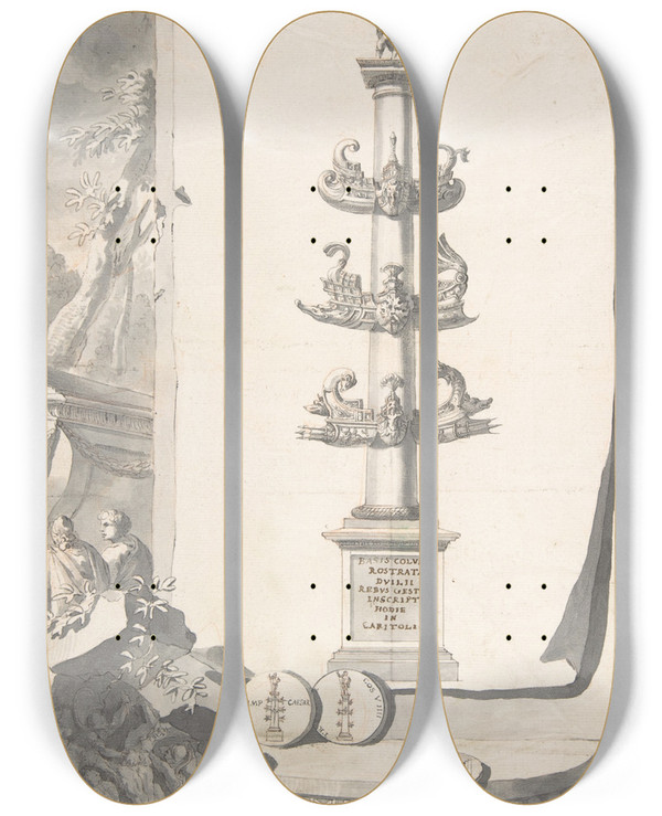 Triptych art skateboard deck of Jan Goeree A Reconstruction Of The Base Of The Column Rostrata by Jan Goeree (1670-1731)
