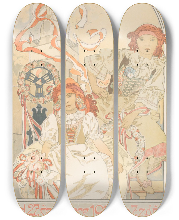 Triptych art skateboard deck of Alphonse Mucha Krajinsk Vstava V Ivancicch by Alphonse Mucha (1860-1939)