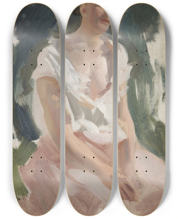 Triptych art skateboard deck of Charles Sims Figure Of A Woman by Charles Sims (1873-1928)