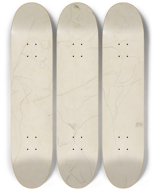 Triptych art skateboard deck of Egon Schiele Akt Nude_2 by Egon Schiele (1890-1918)
