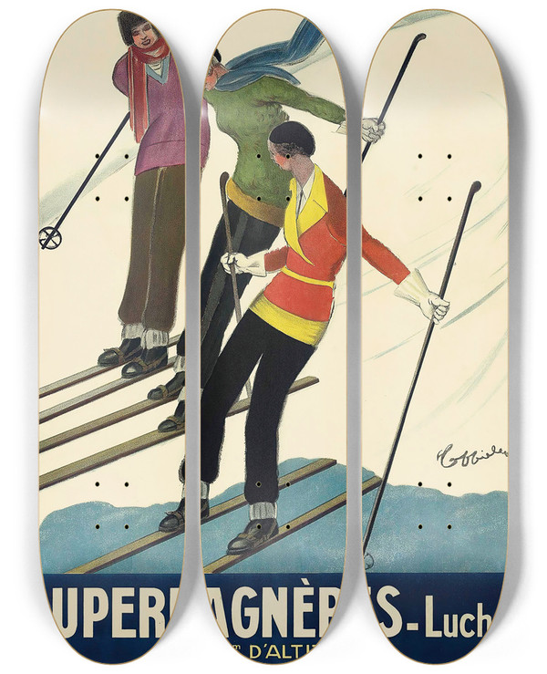 Triptych art skateboard deck of Leonetto Cappiello Superbagnresluchon_1 by Leonetto Cappiello (1875-1942)