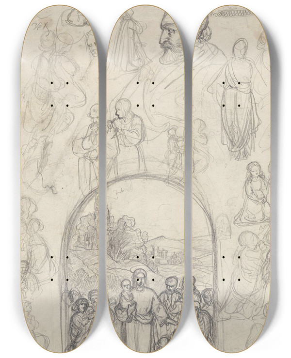 Triptych art skateboard deck of Adolph Tidemand Kristus Velsigner De Sm Barn by Adolph Tidemand (1814-1876)