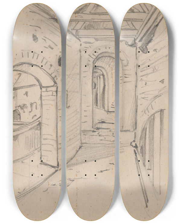 Triptych art skateboard deck of Stanisaw Wyspiaski Sketch Of The Interior Of The Barbican Of Cracow_2 by Stanislaw Wyspianski (1869-1907)