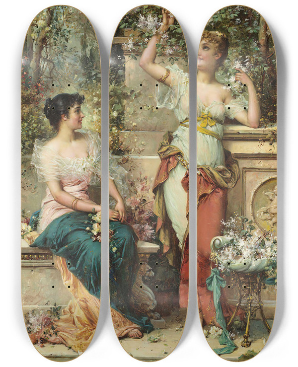 Triptych art skateboard deck of Hans Zatzka Two Ladies In A Park by Hans Zatzka (1859-1945)