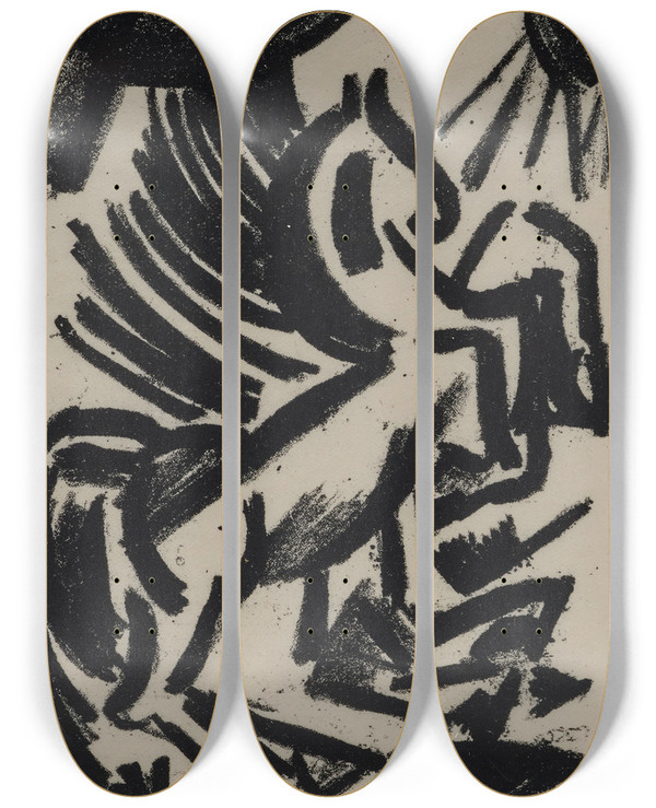 Triptych art skateboard deck of Olga Vladimirovna Rozanova Untitled Horse Illustration From Explodity by Olga Vladimirovna Rozanova (1886-1918)