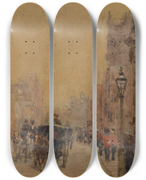 Triptych art skateboard deck of Rose Barton St Jamess Street London by Rose Barton (1856-1929)