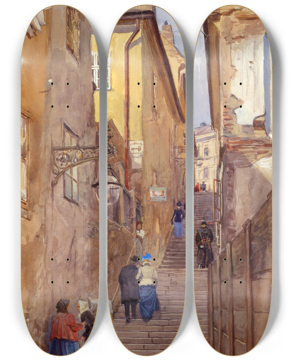 Triptych art skateboard deck of Ernst Graner Die Bettlerstiege In Wienmariahilf by Ernst Graner (1865-1943)