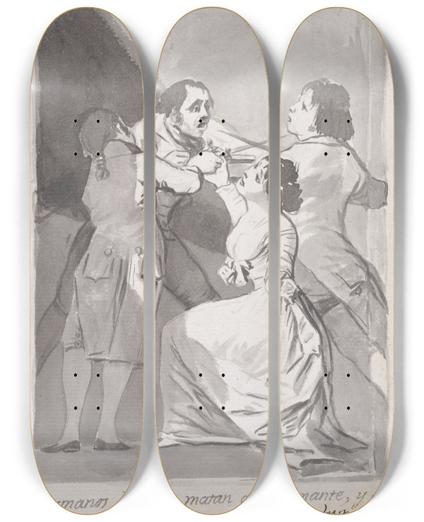 Triptych art skateboard deck of Francisco De Goya Two Brothers Killing Their Sisters Lover In Her Presence by Francisco de Goya (1746-1828)