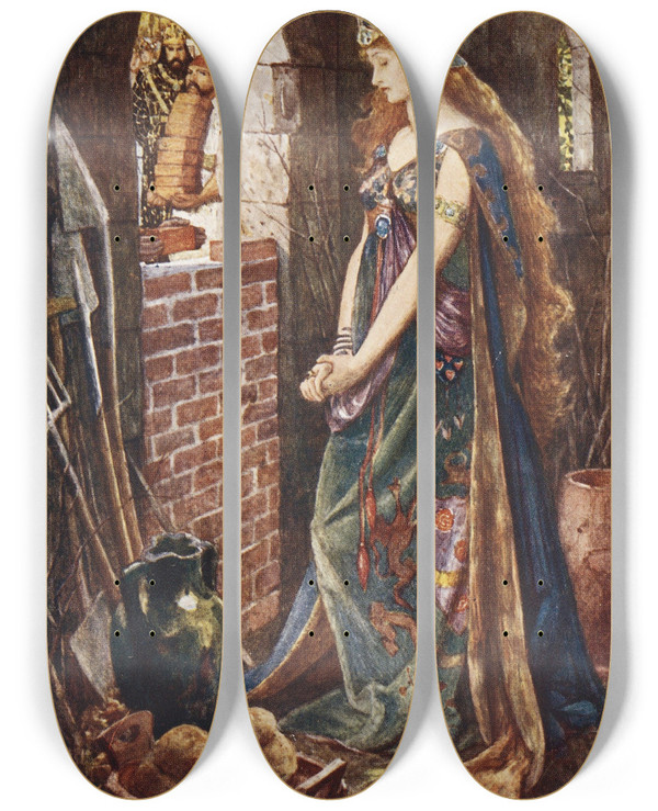 Triptych art skateboard deck of Henry Justice Ford The Princess Imprisoned In The Summerhouse by Henry Justice Ford (1860-1941)