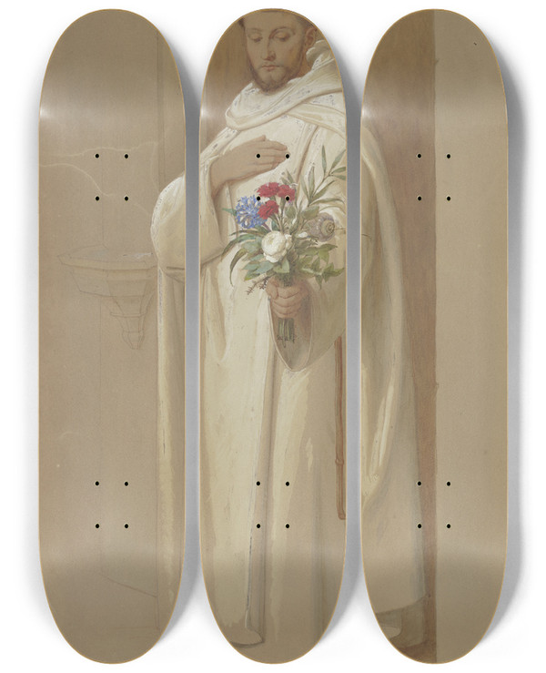 Triptych art skateboard deck of Eduard Von Steinle Kartusermnch Mit Einem Strau Symbolischer Blumen by Eduard Von Steinle (1810-1886)