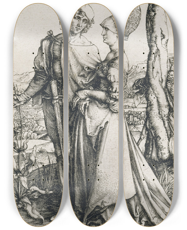 Triptych art skateboard deck of Albrecht Drer Death And The Lovers by Albrecht Durer (1471-1528)