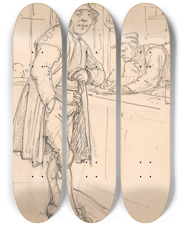 Triptych art skateboard deck of Wilhelm Marstrand Svensk Bondekarl Hos Kbmanden by Wilhelm Marstrand (1810-1873)