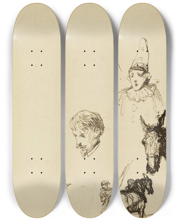 Triptych art skateboard deck of Flixjoseph Barrias Feuille Dtudes by Felix Joseph Barrias (1822-1907)