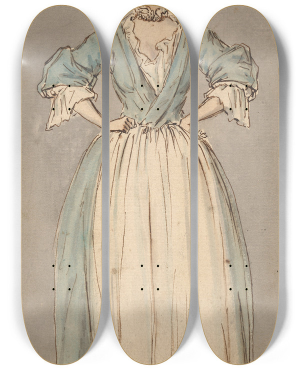 Triptych art skateboard deck of Louis Philippe Boitard A Young Woman In A Blue Dress by Louis Philippe Boitard (1734-1760)