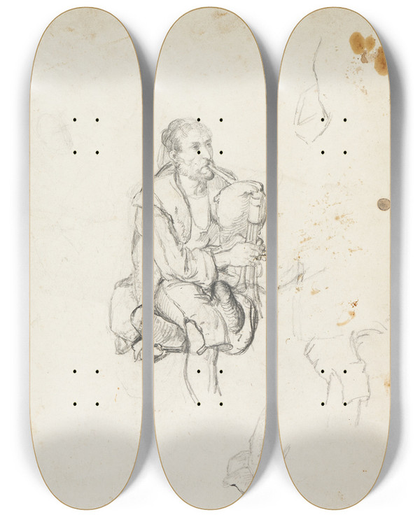 Triptych art skateboard deck of Johann Baptist Kirner Old Zampogna Player Sitting by Johann Baptist Kirner (1806-1866)
