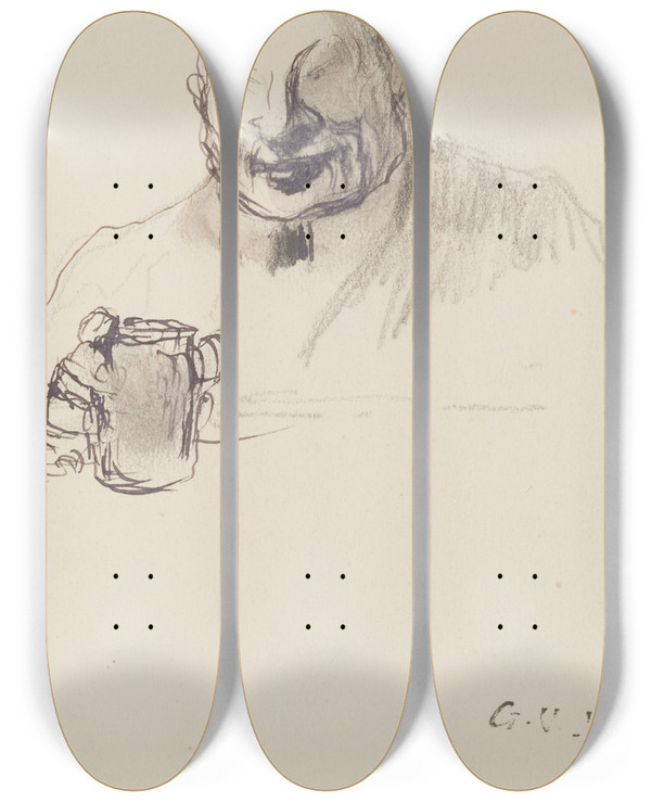 Triptych art skateboard deck of Georges Hugo Un Homme En Buste Tenant Un Verre Dans La Main Droite by Georges Hugo (1868-1925)