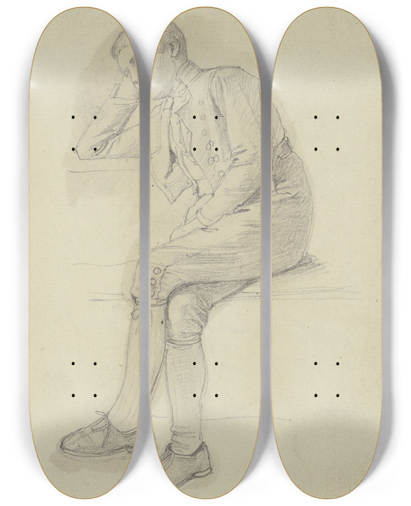 Triptych art skateboard deck of Jakob Becker Sitzender Schlafender Bauernjunge by Jakob Becker (1810-1872)