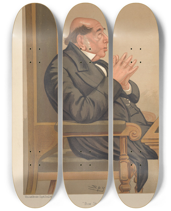 Triptych art skateboard deck of Leslie Matthew Ward Policemen Bow Street Mr James Vaughn October 25 1890 by Leslie Matthew Ward (1851-1922)
