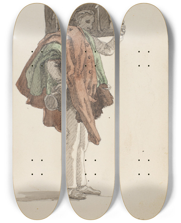 Triptych art skateboard deck of Martinus Rrbye Stende Mand Der Brer P En Overfrakke Og En Kuffert by Martinus Rorbye (1803-1848)