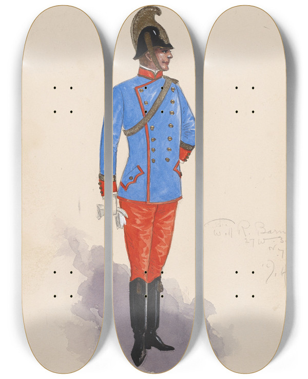 Triptych art skateboard deck of Will R Barnes Officer Costume 131 by Will R Barnes (1939)