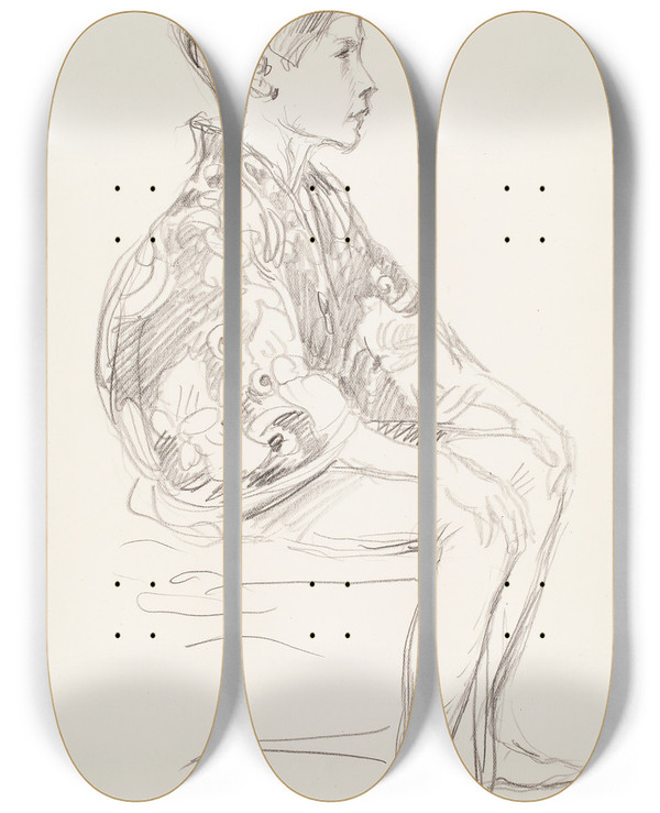 Triptych art skateboard deck of Venny Soldanbrofeldt Istuva Tora Sivukuva Japanilaisesta Pojasta by Venny Soldan-Brofeldt (1863-1945)