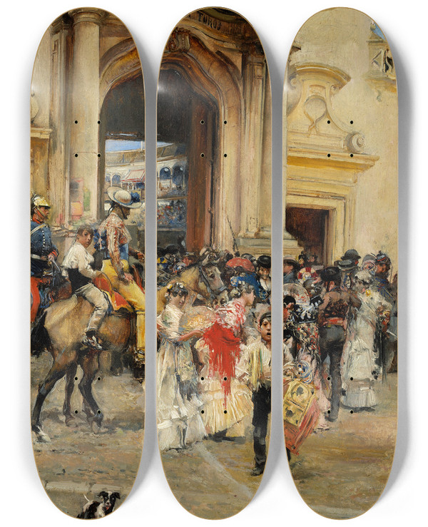 Triptych art skateboard deck of Jos Garca Ramos Outside The Bullring by Jose Garcia Ramos (1852-1912)