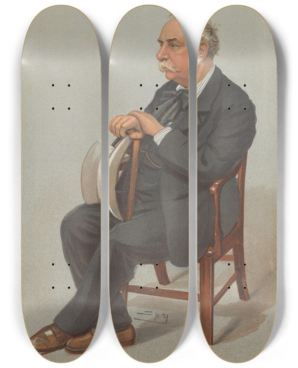Triptych art skateboard deck of Leslie Matthew Ward Musicians Student And Singer Mr Charles Santley February 27 1902 by Leslie Matthew Ward (1851-1922)