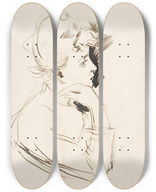 Triptych art skateboard deck of Akseli Gallenkallela Portrait Of A Lady Study by Akseli Gallen Kallela (1865-1931)