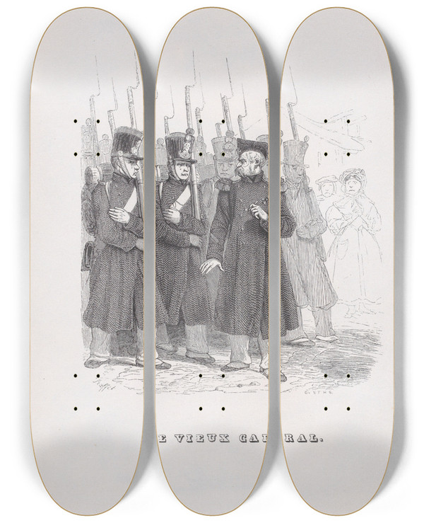 Triptych art skateboard deck of J J Grandville The Old Corporal by J J Grandville (1803-1847)