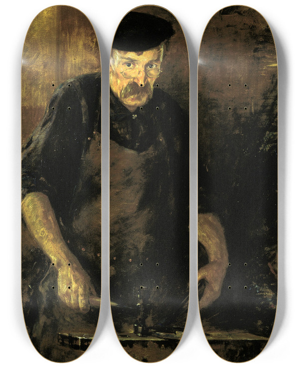 Triptych art skateboard deck of James Carroll Beckwith The Blacksmith by James Carroll Beckwith (1852-1917)