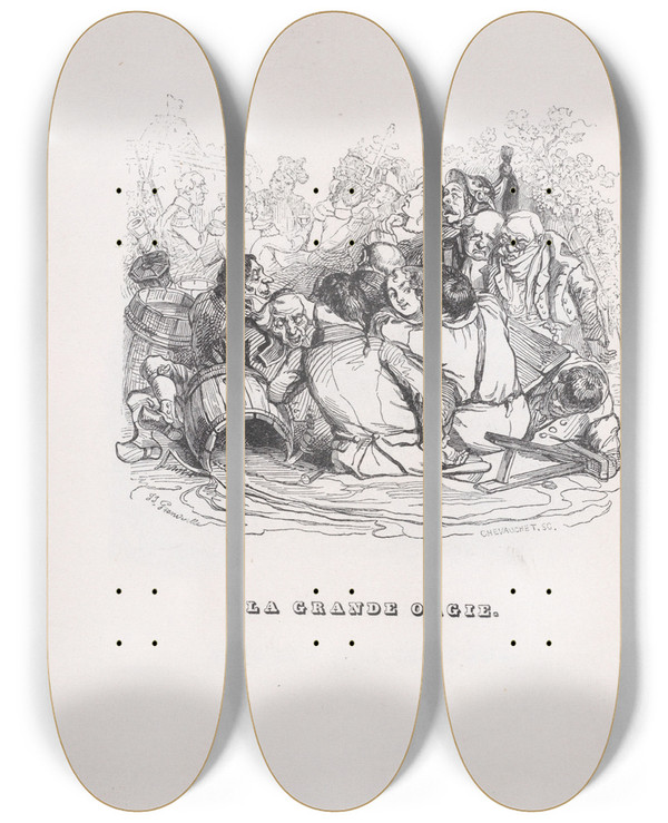 Triptych art skateboard deck of J J Grandville The Big Orgy by J J Grandville (1803-1847)