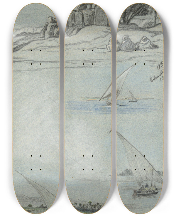 Triptych art skateboard deck of Elihu Vedder Sheet Ofstudies by Elihu Vedder (1836-1923)