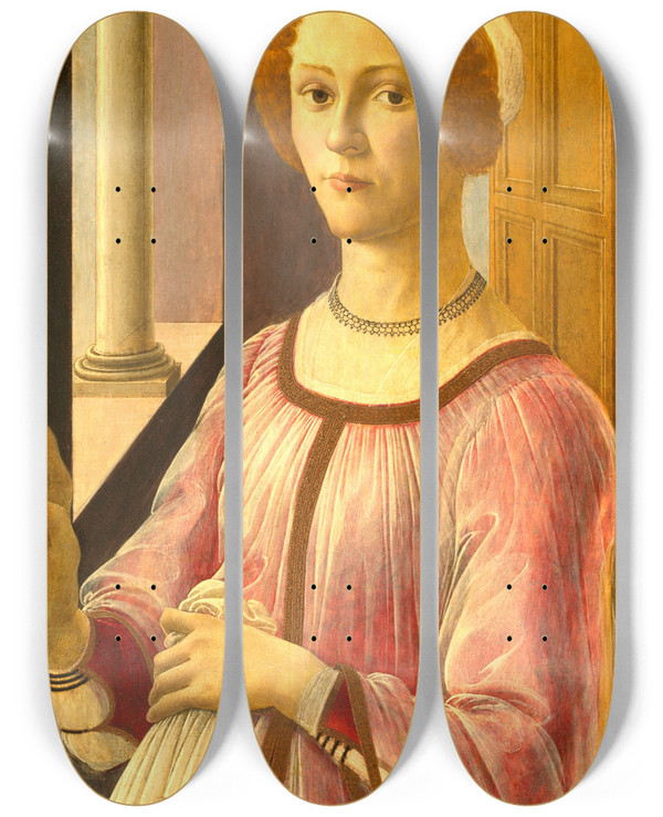 Triptych art skateboard deck of Sandro Botticelli Portrait Of Smeralda Bandinelli by Sandro Botticelli (1444-1510)