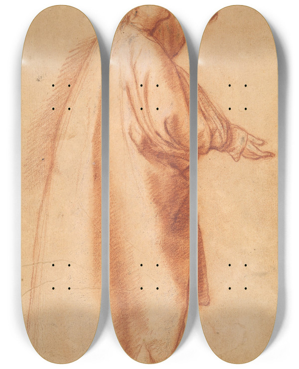 Triptych art skateboard deck of Abraham Bloemaert Study Of A Woman In A Wide Mantle by Abraham Bloemaert (1564-1651)